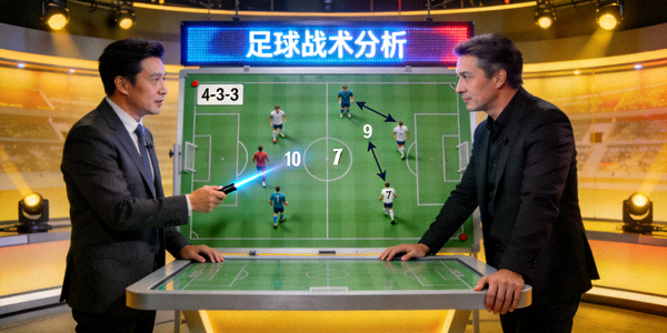 足球分析师在演播室讨论战术板
